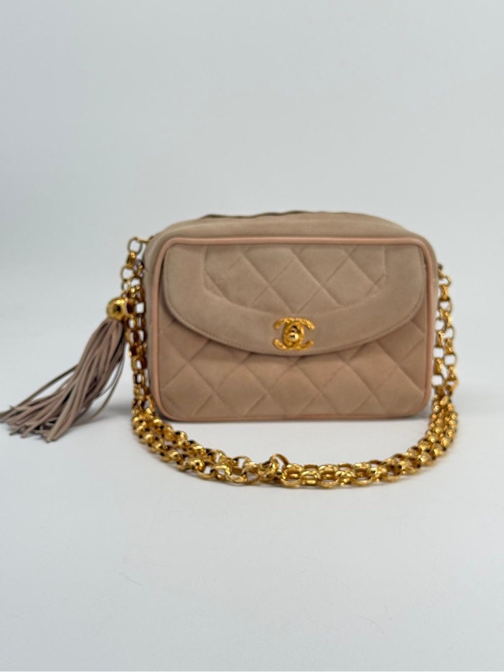 CHANEL Quilted Tassel CC Camera Bag Case In Pink Suede
